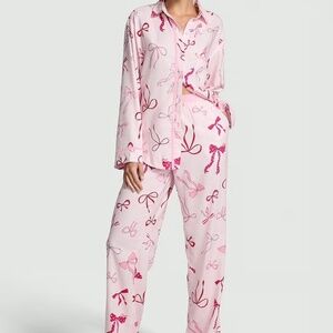 Victorias Secret PINK FLANNEL LONG PAJAMA SET Pink Tulip Bows XL NEW SHIPS TODAY